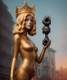 Statue of Queen of photography. Cute blonde woman. Photographer in golden crown. Standing on the street. Big camera in her hand. hyperdetailed, photorealistic, trending on artstation, greg rutkowski, beksinski, kodachrome, bokeh, red and gold