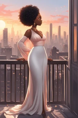 The scene opens onto a serene balcony overlooking a bustling city skyline. The sky above is painted in soft hues of gray and peach as the sun begins its descent, casting a warm glow over everything it touches. In the foreground stands a captivating figure, airbrush chibi cartoon curvy black woman exuding confidence and elegance. She is adorned in a flowing white knit maxi dress that hugs her curves in all the right places, accentuating her silhouette. Her choice of footwear is equally stunning