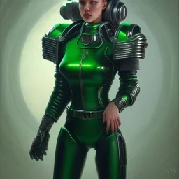 Young Woman as a ruggedly beautiful retro sci-fi space marine in a green pvc outfit, 1985, intricate, elegant, highly detailed, centered, digital painting, artstation, concept art, smooth, sharp focus, illustration, art by artgerm and donato giancola and joseph christian leyendecker, ross tran, wlop