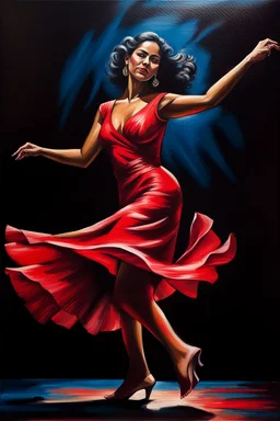 a full body Latino woman dancing salsa in red dress, dark shadow in background, acrylic and oils, glossy finish high contrast, detailed, vibrant colors, cinematic, masterpeace