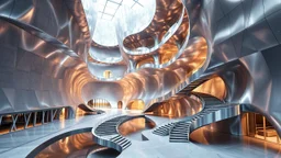 Futuristic building with a structure based on the Fibonacci sequence, dynamic facade with moving fractal patterns, reflective surfaces that transform light into visual equations, impossible Escher-style staircases, non-Euclidean geometry, ultramodern materials with a metallic finish, minimalist and technological atmosphere, hyperrealistic architectural rendering