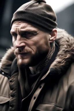 Norwegian war veteran, strong, brown beanie, beaten, grumpy, tom hardy