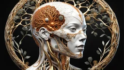 3D rendering of a head of an impressively detailed and complex hyper-realistic "human anatomy": scientific, single object, glossy white, shiny gold, vines, tribalism, black background, shamanism, cosmic fractals, octane rendering, 8k post-processing, detailed metallic bones, dendritic, artstation : Award Winning: Professional Portrait: Atmospheric: Commanding: Fantastic: Clarity: 16k: Ultra Quality: Astounding: Shine: Stunning Colors: Stunning Depth