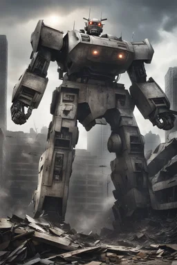 Giant Gundamn robot in the wreckage of a city, photorealistic