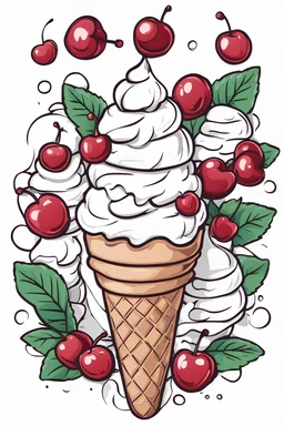 Cute ice cream cone with a cherry on top. white background, without fill colour, only use outline, only use black line, clean line art, white background, no shadows and clear and well