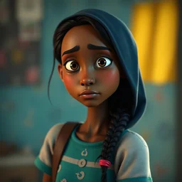 Create 3d pixar look picture of the following: Nobantu is a 19-year-old girl, sick, skinny, sad