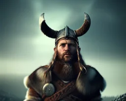 a sad and lonely viking looking up at the stars at night, hyper realistic, 8k, insane detail, atmospheric background, crying eyes, big fur coat, long braided hair, sharp focus, soft background, dynamic lighting, viking helmet, night time