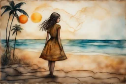 painted and burned burlap, girl at the tropical beach, styles of Paul Klee Dee Nickerson and Tim Burton, melting watercolor and black ink outlines on wet paper, soft, shading strokes, in sunshine, ethereal, otherwordly, cinematic postprocessing, bokeh, dof