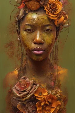 an abstract painting of rusted metal and flowers, african portrait, rust, scaffolding, iron cladding, decay, mixed media, textured, anatomically correct, beautiful perfect face, sharp focus, highly detailed