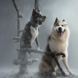 sad, abandoned, miserable akita dog tied to a pole with the Grim Reaper beside shitzhu dog on lonely highway, 8k resolution, high-quality, fine-detail, iridescent, intricate, digital art, detailed matte, volumetric lighting, illustration, 3D octane render, brian froud, howard lyon, selina french, anna dittmann, annie stokes, lisa parker, greg rutowski