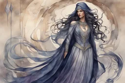 create an ethereal, darkly magical full body watercolor illustration of an epic female Andalusian sorceress with highly detailed and deeply cut facial features, in the style of CHARLES RENNIE MACKINTOSH