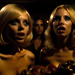 Horror movie shot, spooky, hot, ultra realistic, dine, horns, ultra realistic hot blonde women, party, pieces of meat, organs, ail, dynamic, very excited people, hypermaximalist figures, light, 1970's Italian horror movie, sinister,, Dario Argento, Stanley Kubrik, ornate, 4k, photorealism