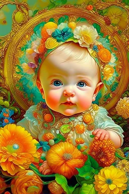A baby with flowers, very cute, smooth, active sequins, elegant fantasy, intricate, 8k, oil on canvas, beautiful, high detail, fantastic view, hyperrealistic, over-detailed, clear quality, colorful, artgerm, Alphonse Mucha, Catherine Abel. Catherine Welz Stein. Dmitry Vishnevsky. Gustav Klimt, R. Giger. Jacek Yerka. Josephine Wall, Carrie Ann Baade