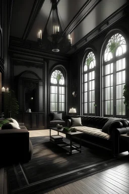 Design the interior decoration of a living room with a lot of natural light and modern with a dark color theme in Gothic style