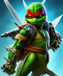 Detailed Teenage Mutant Ninja Turtle leonardo, big muscles, holding sword, blue fabric eyeband, full body close up, soft light atmosphere, light effect，vaporwave colorful, concept art, smooth, extremely sharp detail, finely tuned detail, ultra high definition, 8 k, unreal engine 5, ultra sharp focus