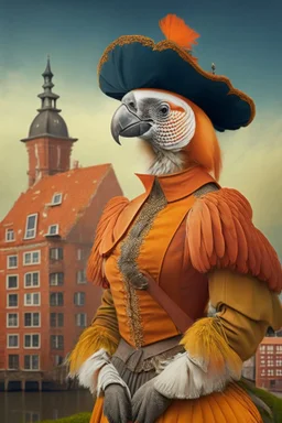 Female Half parrot half human in a old 1700s orange Dutch uniform in front of a Dutch city