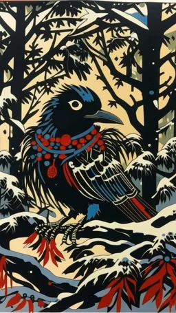 A contemporary serigraphy painting by Matisse and Jakuchu of a human-like crow adorned in a punk leather jacket within a snowy Christmas atmosphere.