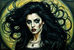 create a disturbing oil painting of a dark haired, savage, gothpunk vampire girl with highly detailed , sharply defined hair and facial features set against a swirling chaotic background, in the style of Leonardo da Vinci