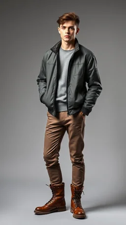 young man with short hair ,classic jacket and panta stand full body hands free release pose pretty boots ,simple background