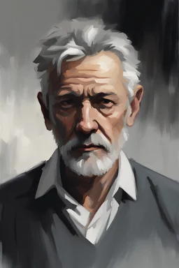 Oil portrait style. Dark palette. Waist-high. An old gray-haired man with short hair. HE IS WEARING ONLY A WHITE SHIRT. Goatee beard. Tired eyes.