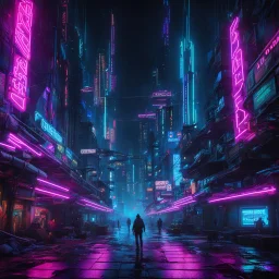 The neon-lit underbelly of a dystopian metropolis. Cyperpunk. Cyberspace. Dark. Epic. Neonlight. 4k.