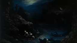 A dark blue chaotic realm with pixies painted by Albert Pinkham Ryder