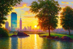 sunset, buildings, lake, rocks, city, park, trees, cyberpunk, sci-fi, emile claus, and claude monet impressionism paintings