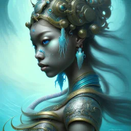 Sango fantasy, fantasy magic, intricate, sharp focus, illustration, highly detailed, digital painting, concept art, matte, art germ and Paul Lewin and Kehinde Wiley, masterpiece Japanese dancer head bronze squid' Asian African girl nice breast Thai hair turquoise silver blue under water