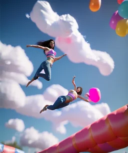 Ultra realistic speed clouds sky scene, wide angle view, sweet women falling down, inflatable color clothing, free jumping flying, many trinkets, hair monster. many jelly beans, balls, color smoke, smile, happy, circus style, extreme, wind, 20,000 feet altitude, stratosphere, soft color, highly detailed, unreal engine 5, ray tracing, RTX, lumen lighting, ultra detail, volumetric lighting, 3d, finely drawn, high definition, high resolution.