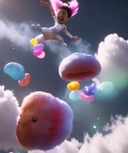 Ultra realistic speed clouds sky scene, wide angle view, sweet men falling down with many Childs, feather color clothing, free jumping flying, many trinkets, hair monster, many jelly beans, balls, color smoke, smile, happy, circus style, extreme, wind, clouds sea, 20,000 feet altitude, stratosphere, soft color, highly detailed, unreal engine 5, ray tracing, RTX, lumen lighting, ultra detail, volumetric lighting, 3d, finely drawn, high definition, high resolution.