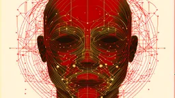 In an abstract and minimalist world, Minimalist portrait: a silhouette of an African face outlined in red and golden lines and dots, afrofuturism