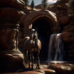 portrait of a pegasi in front of a staircase into a portal to the desert in the middle of a waterfall, photo-realistic, shot on Hasselblad h6d-400c, zeiss prime lens, bokeh like f/0.8, tilt-shift lens 8k, high detail, smooth render, down-light, unreal engine, downlight