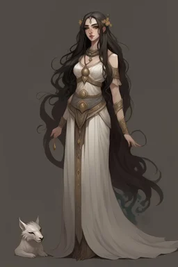 full body portrait of Cynara, the antagonist of a youth novel; she is a patron but became mean after a stroke of faith, she is beautiful, her patron animal is a unicorn, her stone is an auralith, her best friend is Elysia who is the light of life, Cynara has long dark hair, her appearance is like a greek goddess,