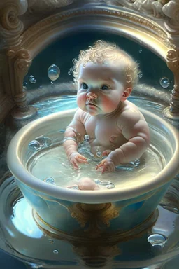 A cherubic infant preciously perched within the confines of a gleaming pristine basin of liquid delightfully immersed in a rambunctious game of water tinkering