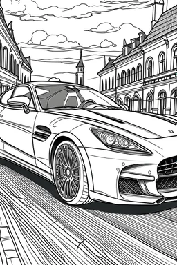 coloring page, car Maserati alternative parked on the asphalt street, cartoon style, thick lines, few details, no shadows, no colors, centered in the image