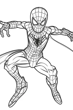 a cartoon image of Spiderman flying. kids coloring book. no color. thin crisp lines