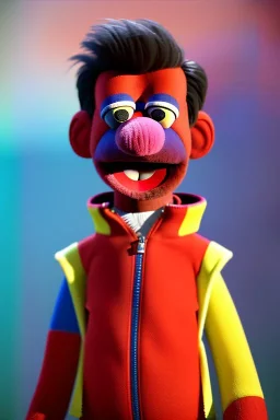 Waist up muppet Portrait, Nicolas maduro us muppet doll, Venezuelan president, tracksuit red blue and yellow, mustache, photo studio, red background, unreal engine 5, concept art, art station, ray tracing, lumen lighting, ultra detail, volumetric lighting, 3d.