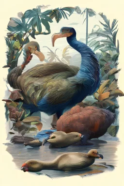 John James Audubon-like illustration of a fully uncropped Dodo bird and a Platypus in a landscape of warm yellows, warm reds, and warm blues