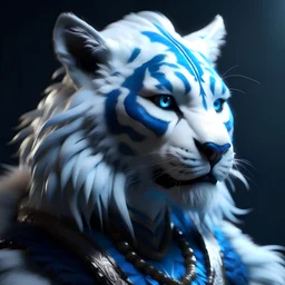 Blue and white fur, human tiger fusion, detaled, arcane, cinematic