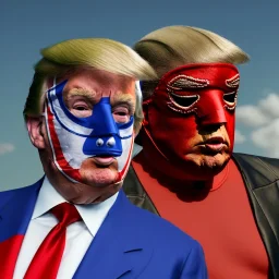 realistic image of donald trump as a mexican wrestling fighter posing outdoors, Mexican eyes wrestling mask, red and blue breeches, suspenders, retro style, 80s, vibrant color, highly detailed, sky background, concept art, unreal engine 5, god rays, ray tracing, RTX, lumen lighting, ultra detail, volumetric lighting, 3d, finely drawn, high definition, high resolution.