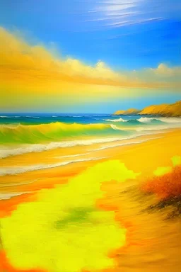 oil painting, beach and seascape, large brush strokes, warm colors