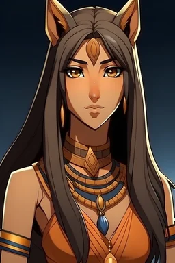 Egyptian wolf goddess with tanned skin and straight hair. anime style