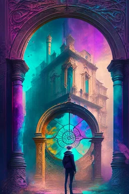 A palace with a time portal, a man, fantasy colours