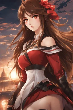 (masterpiece), (anime style), award winning, close up, centered, headshot, looking toward camera, long brown hair, young woman, redeyes, modern, dynamic lighting, ultra detailed, (epic composition, epic proportion), professional work, black and red clothes