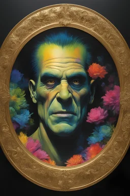 Frankenstein monster's face inside a round gold frame, multicolored, large, Floral/rainbow designs, atmospheric, beautiful, bright, vibrant colors, pitch-black background, oil painting by Boris Vallejo, 4k UHD, Photorealistic, professional quality