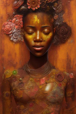 an abstract painting of rusted metal and flowers, african portrait, rust, scaffolding, iron cladding, decay, mixed media, textured, anatomically correct, beautiful perfect face, sharp focus, highly detailed