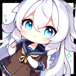 Clear focus, High resolution, long white hair, hair between eyes, straight long locks, sparkling blue eyes, wearing a sailor uniform, wearing a sailor skirt, wearing a brown vest, cute, 1girl, fluffy hair, cute, chibi, cartoon, rough line art, white background