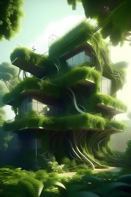 Beautiful organic house made of imaginary plants in a forest, architectural render, futuresynth, chillwave