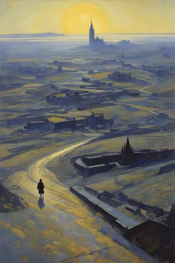 [Kupka] Driven by an inexplicable hunch, Dr. Watson followed his instincts and ventured outside the bustling streets of London and into the desolate moors that surrounded it. The barren heath stretched as far as the eye could see, a stark contrast to the gas-lit urban sprawl he called home. The modern industrial world seemed distant here, replaced by the vast emptiness of the natural landscape. Sparse grass and gnarled trees dotted the rolling hills, buffeted by the harsh winds sweeping across t