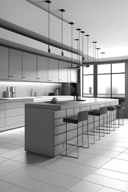 Cozinha grande minimalista moderna, cinza